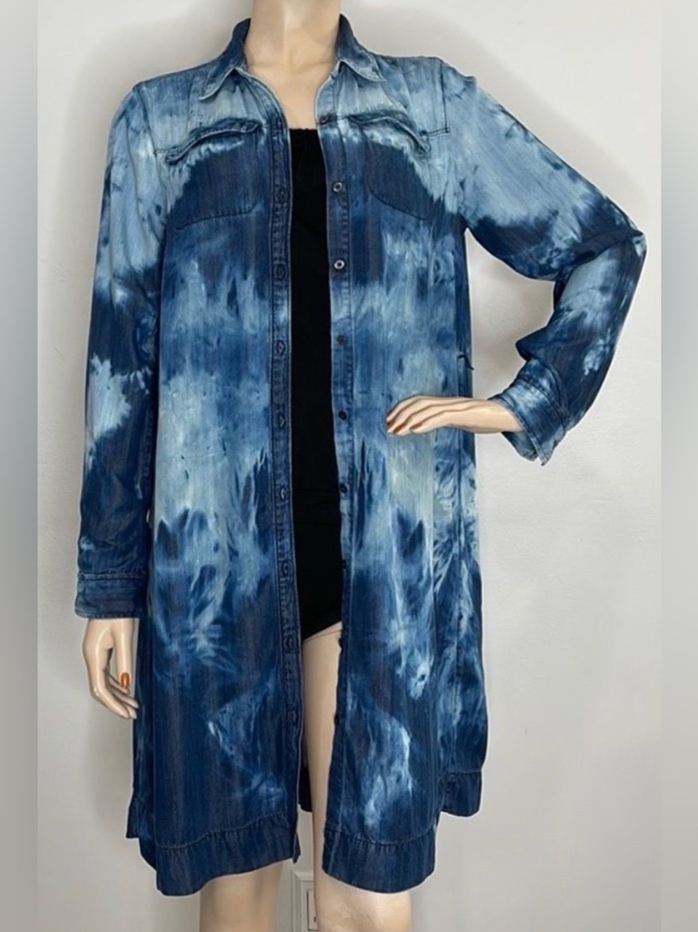 LOFT Bleach Washed Denim Shirt Dress Long sleeves Button down Collar Midi Tunic - Picture 2 of 14